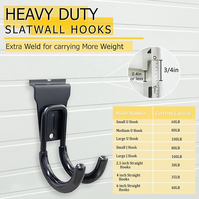 Slatwall Accessories, 22 Pack Heavy Duty Steel Slatwall Hooks, Multi-Size Slat Wall Hanging Hooks for Ladders, Bikes, Garage and Garden Tools (ProSlat & Slatwall Panel Compatible)