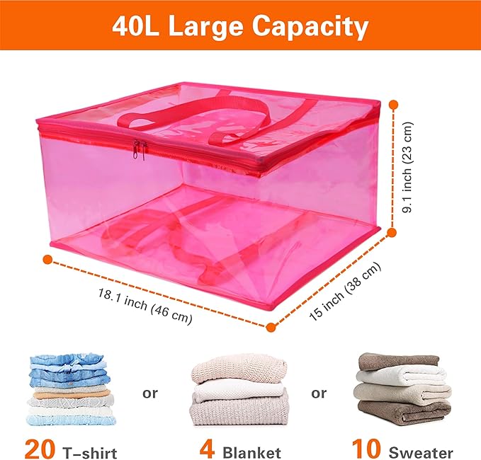 Vieshful Pink 40L Clear Clothes Storage Bag with Zipper 3 Pack Colorful Clothes Organizer Vinyl Storage Bag for Comforter, Blanket, Bedding, Duvet, Transparent Moving Totes