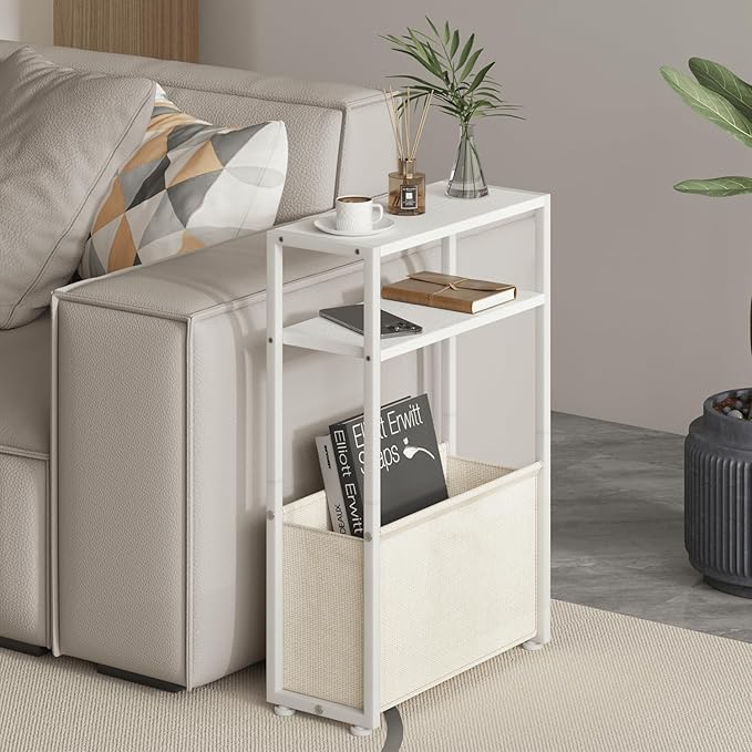 Narrow Side Table, Slim End Tables with Fabric Basket, Skinny Table for Small Spaces, Thin Bedside Table for Living Room, Bedroom (1, White + Camel Brown)