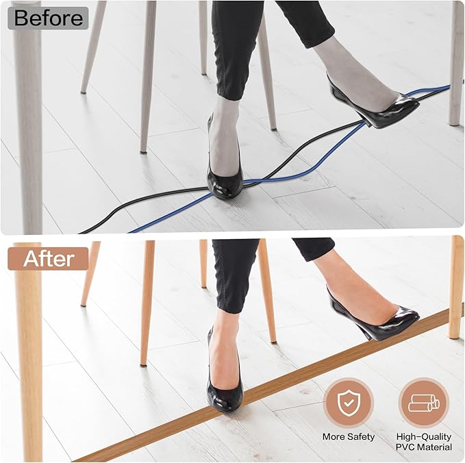 Floor Cord Cover Self Adhesive Cord Hider Floor Extension Cord Covers for Floor Power Cord Protector Cable Management Prevent Cable Trips Cable Cavity 0.51" W x 0.31" H (Light Brown Wood, 10Ft)