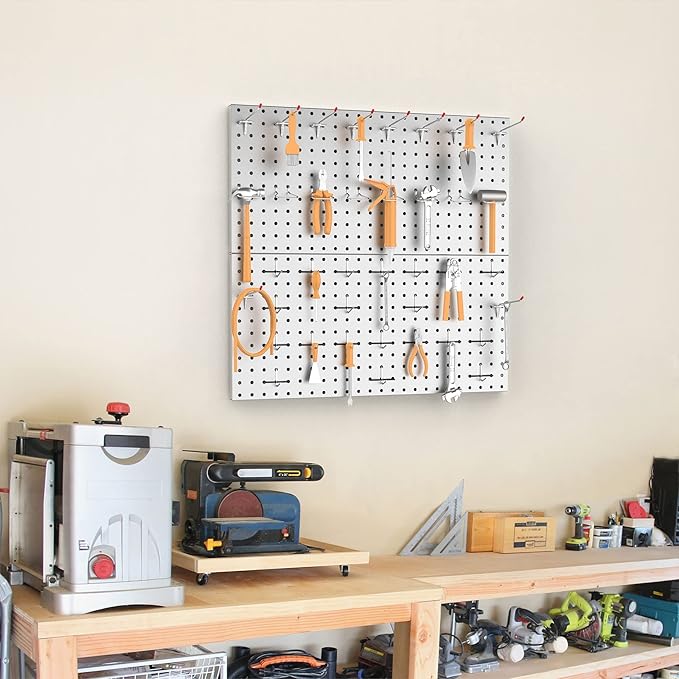 TORACK Metal Pegboard Wall Tool Organizer 24" x 24" or 12" x 48", 70 PCS Tools Storage Pegboard for Garage Peg Board Tool Organizer Board with Hooks for Workbench(Grey)