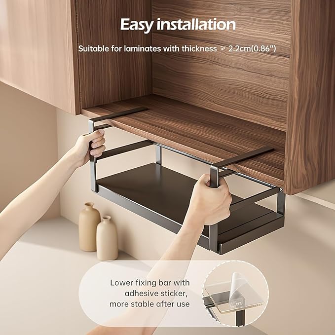 Hanging Under Shelf Storage Basket, Adjustable Width Under Cabinet Add-on Storage Racks, Heavy Duty Slide-in Baskets Organizer for Cabinet Pantry Kitchen, 1 Pack, 8.46"D x 17.7"W x 7.36"H