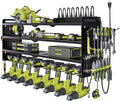 Power Tool Organizer Wall Mount with Charging Station,Cordless Tool Organizer 8 Drill Holder, 4 Layer Storage Rack for Garage Organization,Tool Holder with 8 Outlet Power Strip (Black)