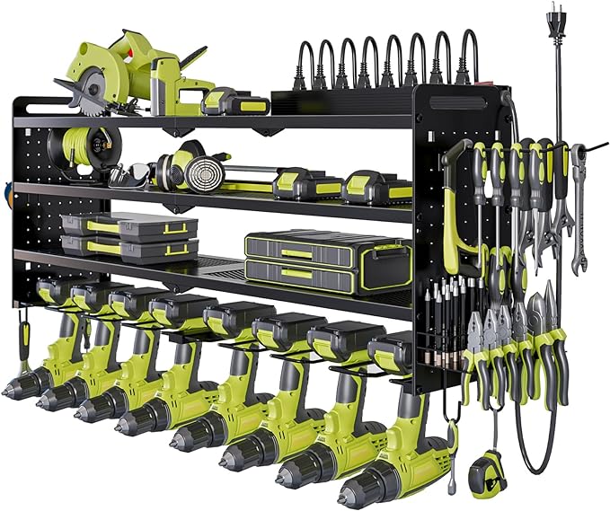 Power Tool Organizer Wall Mount with Charging Station,Cordless Tool Organizer 8 Drill Holder, 4 Layer Storage Rack for Garage Organization,Tool Holder with 8 Outlet Power Strip (Black)