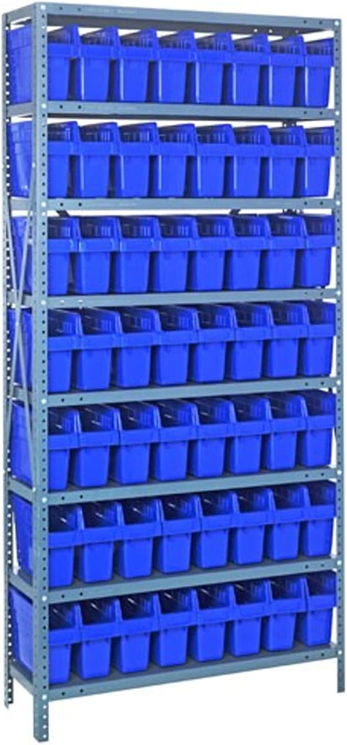 Quantum 1875-SB803BL Heavy Duty Shelving Unit with (8) Shelves and (56) SSB803 Blue Bins for Industrial Warehouse Storage Distribution | 400 lbs Capacity | 18"D x 36"L x 75"H, Galvanized Carbon Steel