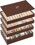 Voova Stackable Jewelry Organizer Tray with Lid, PU Leather Jewelry Storage Holder for Drawer Inserts, Jewellery Display Box Case for Earring Necklace Ring Watch Bracelet (Set of 4, Caramel Brown)