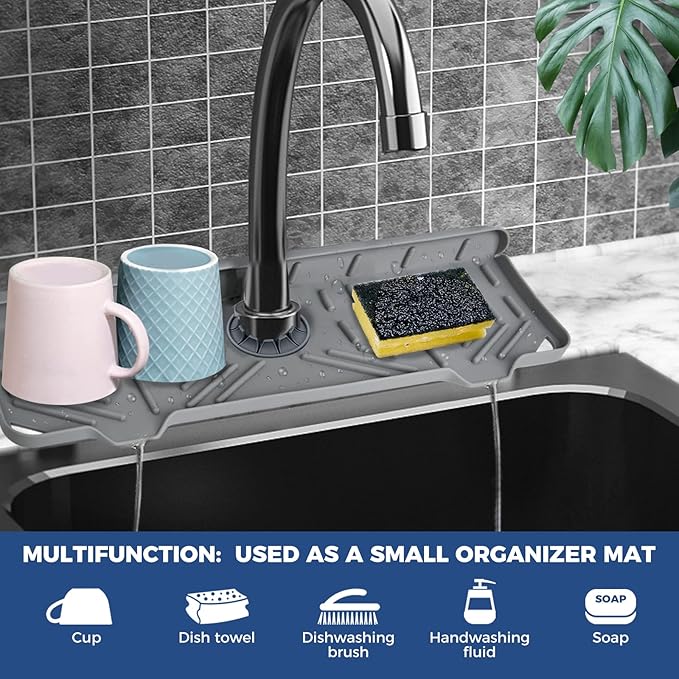 BFONS Silicone Faucet Handle Drip Catcher Drying Tray Mat Dish Soap Sponge Holder Accessories Gadgets for Kitchen Counter Bathroom Kitchen Sink Splash Guard -Grey