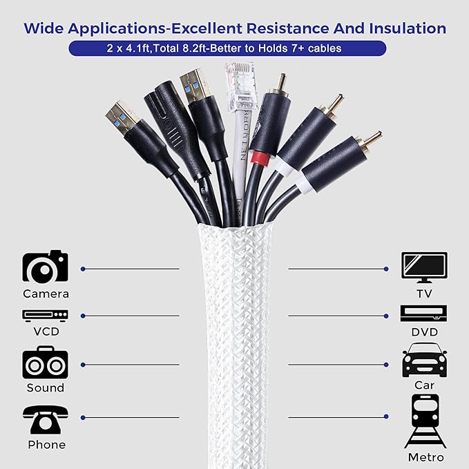 Cable Management Sleeves 1.5in - 2 Pack 4.1ft Split Braided Cable Sleeve White, Wire Organizers for Cords, Hard PE Cord Protectors from Pets, Flexible Cord Wrap Wire Sleeve for Computer Cord Organizer