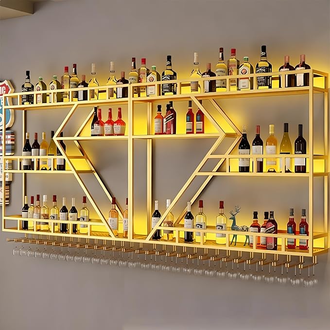 63in Metal Wine Rack Wall Mounted, Modern Wine Storage Rack Wall Mounted with Wine Glass Holder, Liquor Shelf, Bar Shelves for Liquor Bottles (3TIERS Gold, 63 * 7.87 * 33.85INCH)