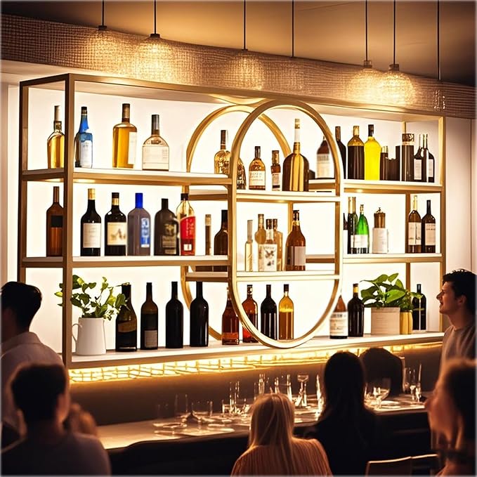 Large Wall Mount Wine Rack, Metal 4 Tier Large Capacity Hanging Bar Rack with Wine Glass Holder, Oval Wine Bottle Storage Display Rack for Kitchen, Living Room, Home (Gold, 140cm/55.1in)