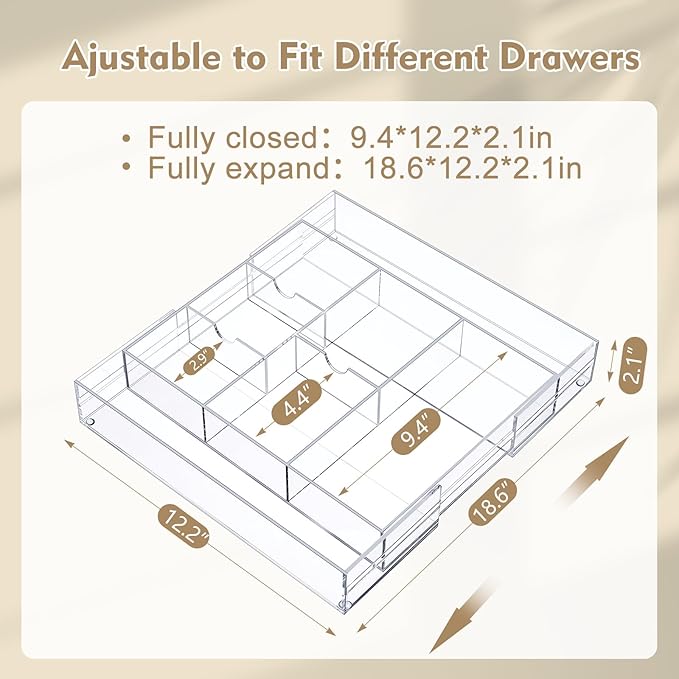 2 Pcs Acrylic Desk Drawer Organizer Maximum 12 x 18 x 2.1 Inch Expandable Drawer Organizer Trays with 8 Adjustable Compartments Desk Accessories for Makeup Silverware Office Bathroom