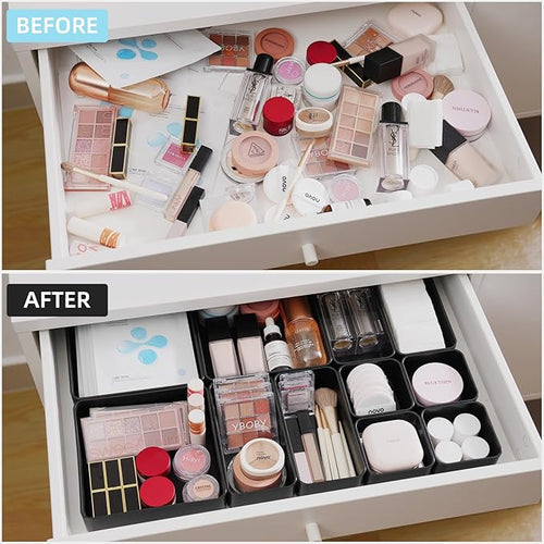 11-Piece Stackable Drawer Organizer Set, Multi-size Desk Drawer Organizer Trays Vanity Storage Bins for Storing Makeup, Stationery, Utensils in Bathroom Dresser, Office and Kitchen