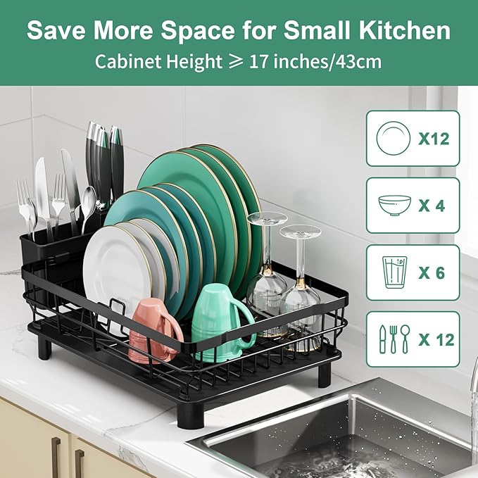 MOUKABAL Dish Drying Rack, Dish Rack, Stainless Steel Dish Racks for Kitchen Counter, Dish Drainer with Removable Utensil Holder, Drainboard (Black)