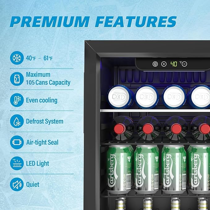 Compact Beverage Refrigerator, 95 Can/2.6 Cubic Feet Fridge with Glass Front Door for Soda, Beer or Wine, Under Counter Small Refrigerator with Adjustable Shelve & Digital Display(Black)