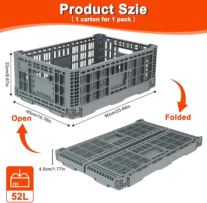 Collapsible Milk Crates for Storage, 52L Storage Crates, Heavy Duty Milk Crate, Plastic Storage Bins Containers for Organizing, Grocery & Camping (1 pack)(23.64" W x 15.76" L x 8.67" H)