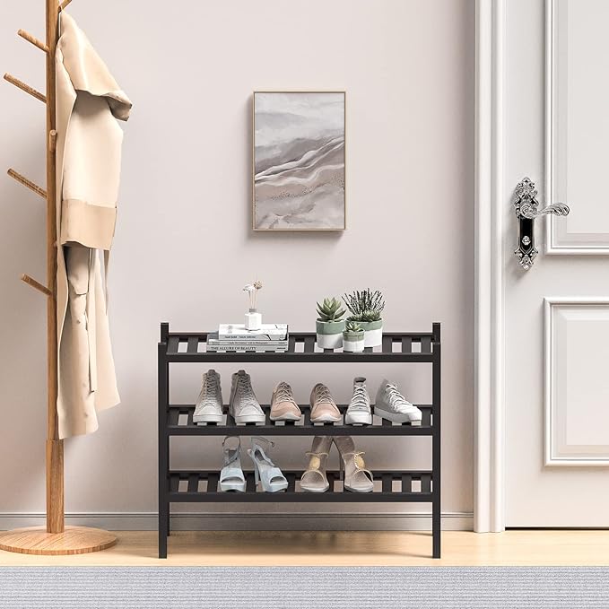 3 Tier (Thick) Bamboo Shoe Rack for Entryway, Small Wood Shoe Shelf Storage Organizer for Closet, Shoe Stand for Hallway, Stackable and Sturdy 27"x12"x21" Black