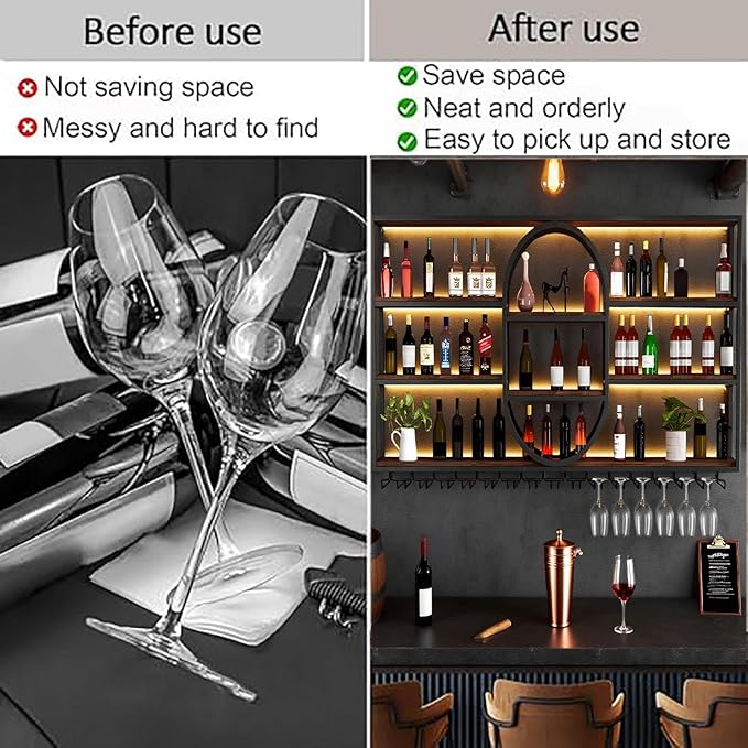 63IN Large Wall Mount Wine Rack, Metal 4 Tier Hanging Bottle Holder with Wine Glass Storage Racks, Modern Floating Wine Shelves for Home Bar Dining Room Decoration (Black)