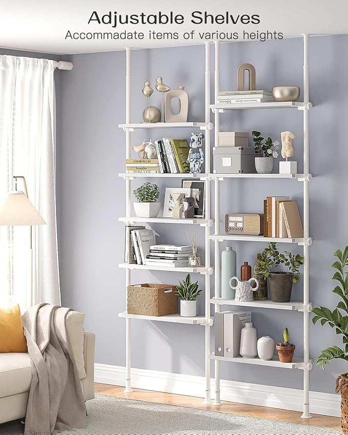 ALLZONE 5 Tiers Narrow Bookshelf, Tall Adjustable Ladder Book Shelf with Open Storage, Floor to Ceiling Tension Mount, Wooden Industrial Bookcase for Living Room, 92 to 116 Inch, White