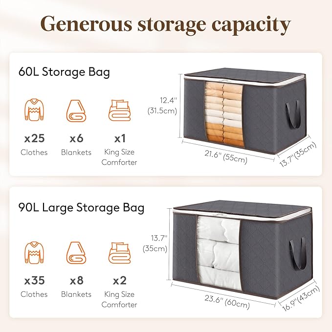 Lifewit 90L Large Storage Bags, 8 Pack Closet Organizers and Storage, Clothes Storage Bins with Lids, Foldable Storage Containers with Reinforced Handles for Clothing, Blanket, Bedding, Comforter Gray