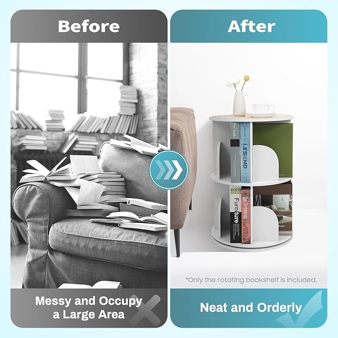 Rotating Bookshelf, 360° Spinning Bookcase with 8 Compartments, Modern White Kids Bookshelf for Small Spaces, Sturdy PVC Storage Organizer for Living Room, Bedroom, Study Room (2)