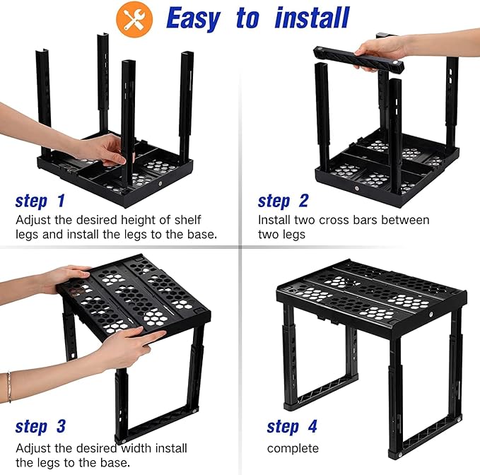 Locker Organizer Shelf， Adjustable Width and Height, Stackable, Ideal Locker Shelf for School, Office, Gym Lockers, or Even Kitchen Cabinets & Under Sink Organization (Black)
