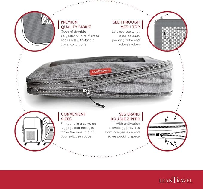 LeanTravel Compression Packing Cubes for Travel Organizers with Double Zipper (6-Pack (2L+2M+2S), Sand)