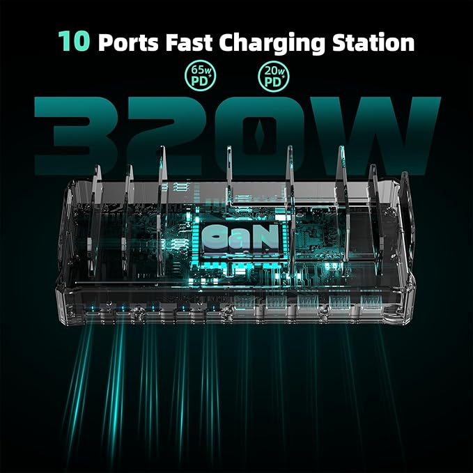 320W Charging Station for Multiple Devices, Zobirez 10-Port USB C Fast Charger Stations for MacBook, iPhone, Android Cell Phone, iPad, Tablet, Family Multi-Device Organizer Charging Dock, Black