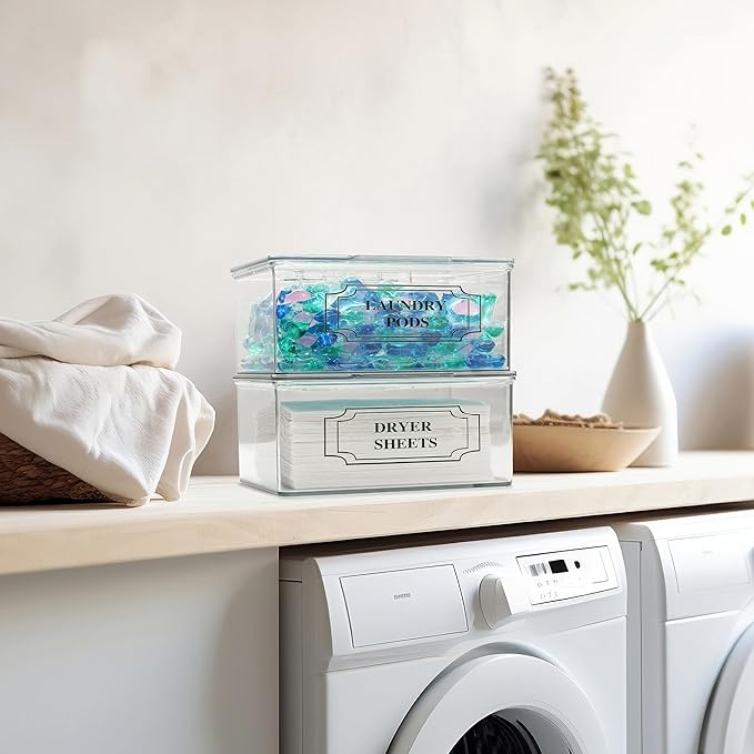 SSTATES Clear Acrylic Dryer Sheets Holder, Flip-top Laundry Pods Container with 2 Label Decals for Laundry Room Organization and Décor, Stackable Storage Box (1 Pc)