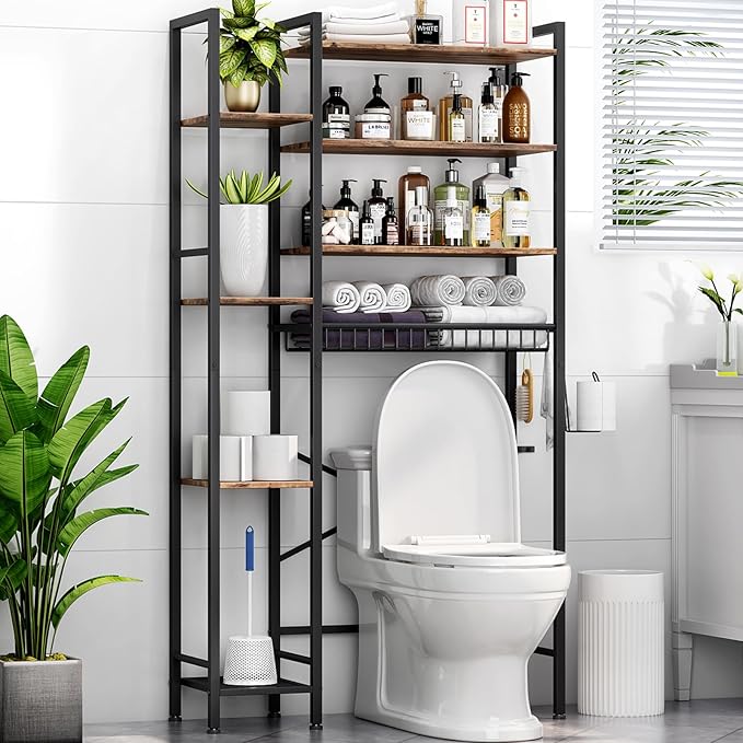 8-Tier Over The Toilet Storage with Side Rack, Over Toilet Storage Rack with Adjustable Shelf & Drain Basket, Freestanding Bathroom Organizer for Balcony, Laundry (Vintage Brown)