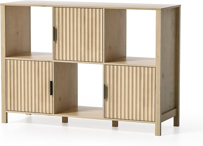 Fluted Storage Bookshelf, Modern Wood Freestanding Bookcase with Doors and Open Shelf, 2-Tier Short Organizer Shelf for Living Room, Bedroom Light Oak