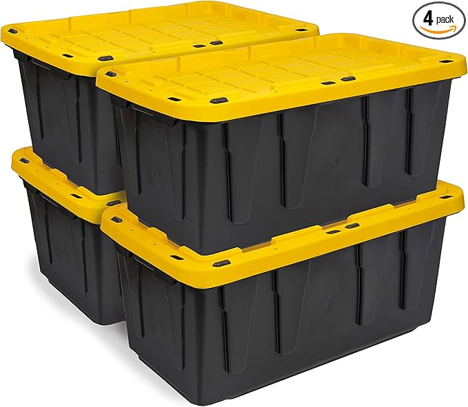 BLACK & YELLOW, 17-Gallon Heavy Duty Tough Storage Container & Snap-Tight Lid, (12.5H x 18W x 26.9D), Weather-Resistant Design and Stackable Organization Tote [4 Pack]