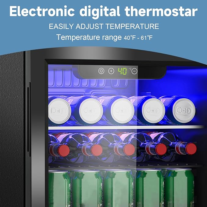 Stopasd Beverage Refrigerator Cooler, 2.6 Cu.Ft/95 Can Drink Fridge with Adjustable Shelves & Glass Door for Soda Wine Beer, Quiet Undercounter Small Fridge for Home/Office/Bar/Garage(40-61 ℉), Black