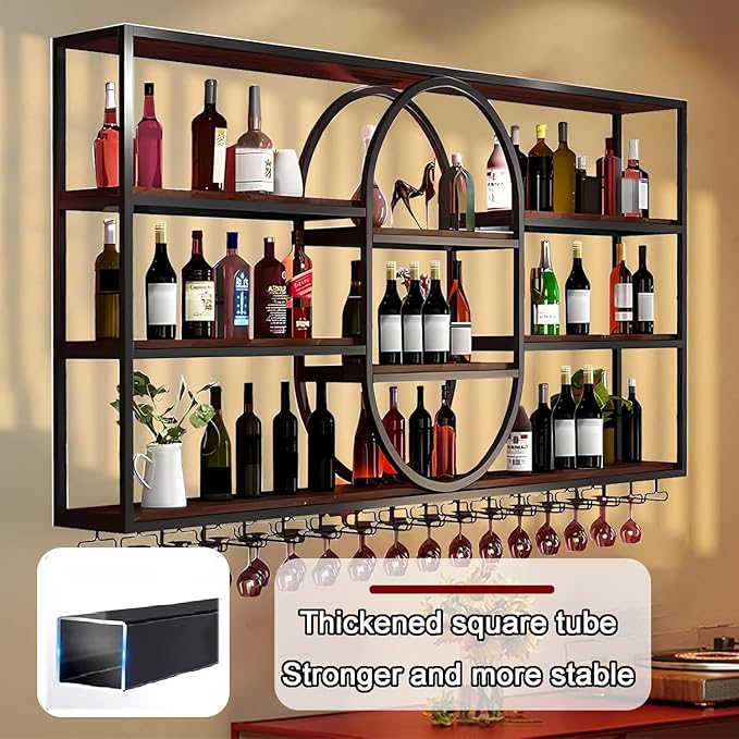 63IN Large Wall Mount Wine Rack, Metal 4 Tier Hanging Bottle Holder with Wine Glass Storage Racks, Modern Floating Wine Shelves for Home Bar Dining Room Decoration (Black)
