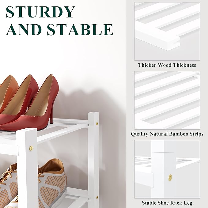 Smiry Bamboo Shoe Rack for Closet, 6 Tier Small Wooden Stackable Shoe Organizer, Free Standing Shoes Storage Shelf for Entryway, Front Door Entrance, White