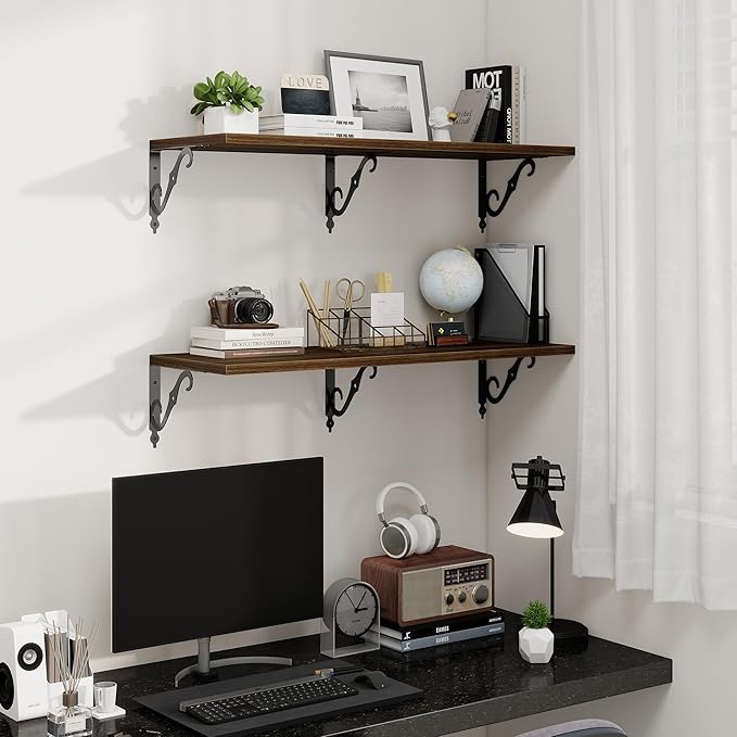 36 Inches Floating Shelves, Rustic Long Wall Shelves, 8 Inch Deep Book Shelf Wall Mounted with Bracket, Wide Display & Storage Shelves for Living Room, Bathroom, Bedroom, Walnut, Set of 2