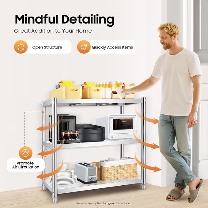 3 Tier Stainless Steel Shelves Heavy Duty Storage Rack Adjustable Kitchen Shelving Organizer with Strong Load Bearing for Garage Bathroom Office and Industrial Use