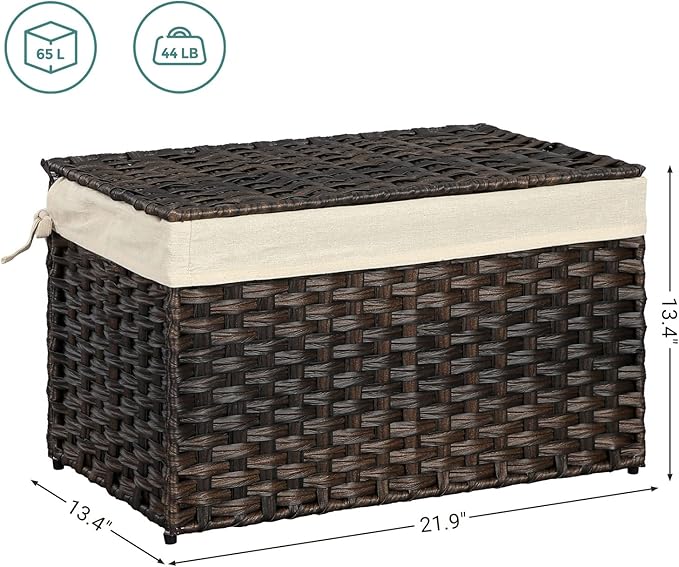 SONGMICS Storage Basket with Lid, Woven Blanket Storage Bin with Handles, Foldable, Removable Liner, Metal Frame, for Bedroom, Laundry Room, 17.2 Gallons (65 L), Brown URST56BR