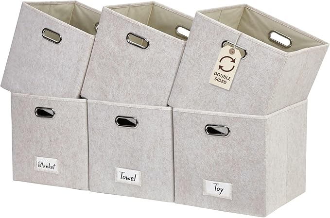 DECOMOMO Felt Storage Bins, 11 inch Cube Storage Bin with Labels for Shelves Kallax (Cube 11" / 6pcs, Beige)