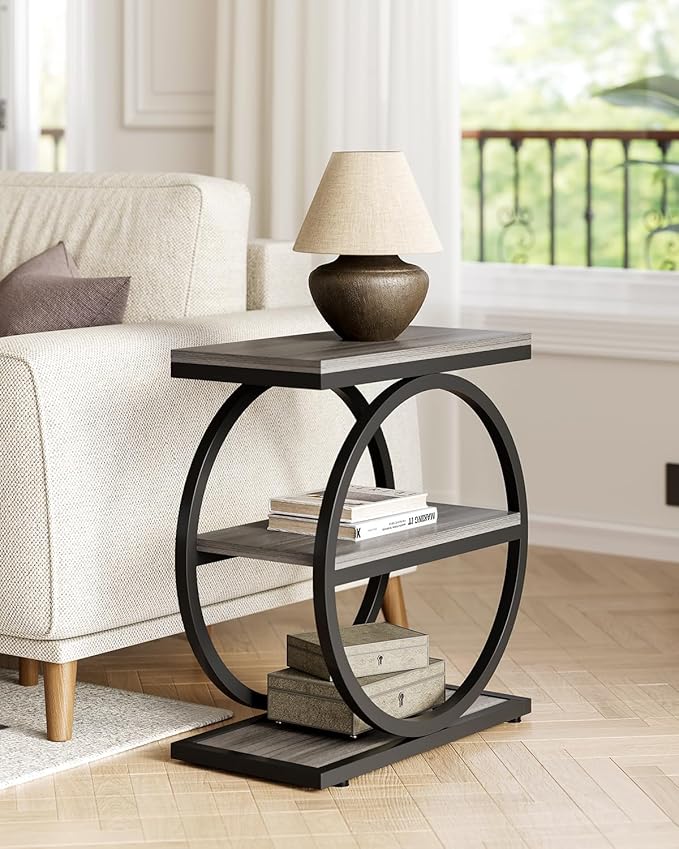 LITTLE TREE End Table, 3-Tier Side Table, Slim Sofa Side Table for Living Room, Tall Bedside Table Nightstand for Bedroom, Grey and Black