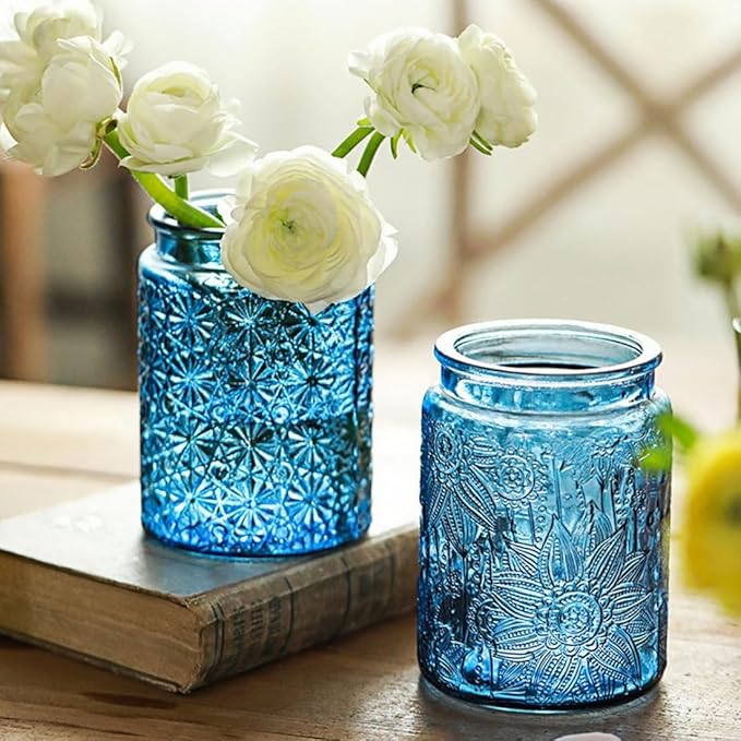 Set of 2 Vintage Glass Jars, Green Glass Storage Jars with Lids (23.7 oz) for Kitchen, Pantry, Candy, Flour, Oatmeal, Coffee Beans, Pet Food, Laundry Detergent, Cute Jar (Green&Blue 2, 23.7 Ounces)
