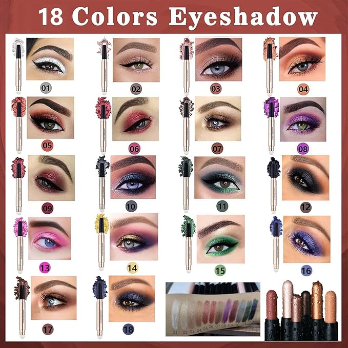 Purple Eyeshadow Stick Makeup, Highlighter Matte Cream Eye Shadow Pencil, Waterproof Hypoallergenic Long Lasting Crayon, Glitter Primer Palette Shimmer Eyeliner Pen wiht Soft Brush