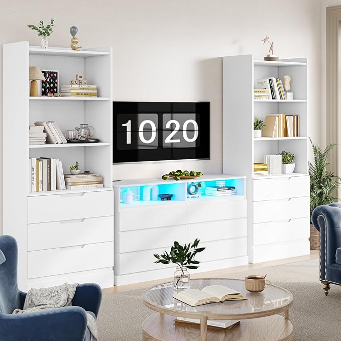 DICTAC Bookcase Set of 2 with 3 Drawers 73.23'' White Bookshelf Storage Cabinets with Shelves and Drawers Kitchen Pantry with Microwave Stand,Storage Organizer for Living Room,Office,Study, Bathroom