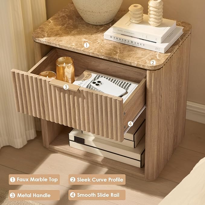 Fluted Nightstand with Drawer, Bedside Table with Faux Marble-Top, Engineered Wood Side Table with Open Shelf, Curved Corners, Metal Handle, Modern Night Stand for Bedroom, Small Spaces, Natural Oak