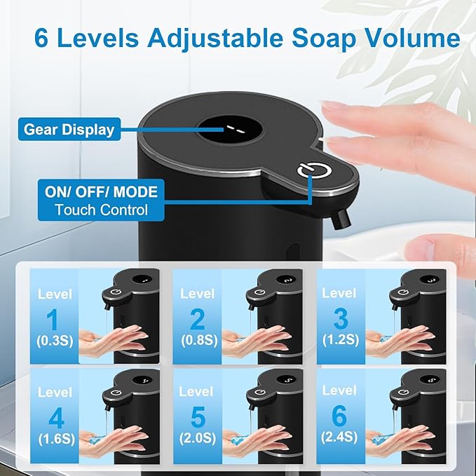 Automatic Liquid Soap Dispenser Touchless, USB Rechargeable Smart Hand Soap Dispenser, 6-Level Adjustable, 12.8oz/380mL, Compatible with Thick Thin Dish Soap for Bathroom Kitchen, Black