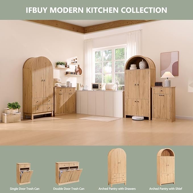 Modern Tilt-Out Laundry Hamper Cabinet, 10 Gallon Fluted Trash Can Cabinet with Drawer, Wooden Hidden Garbage Can Cabinets with Laundry Basket, Free Standing for Bathroom & Kitchen, Natural Oak