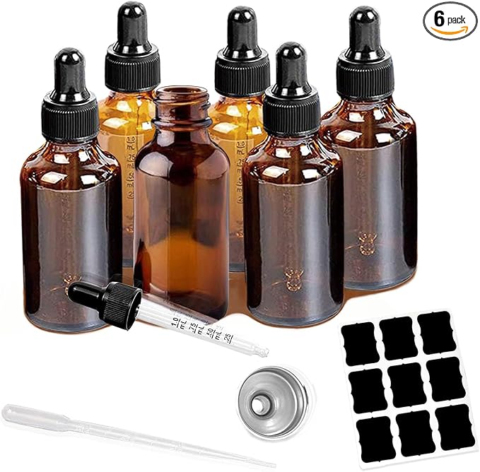 6 Pack 2oz Tincture Bottles With Dropper Amber Glass Dropper Bottle with Measured Eye Dropper Funnels,Labels,60ml Empty Bottle Brown for Homemade Vanilla Essential Oil,Tincture,Serum,Liquids