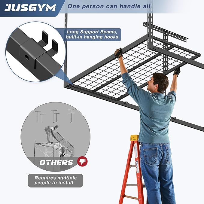 4X8FT Overhead Garage Storage Rack, 22"-48" Height Adjustable Garage Ceiling Storage Racks, Heavy Duty Metal Overhead Storage Organizer System, 750LBS Weight Capacity