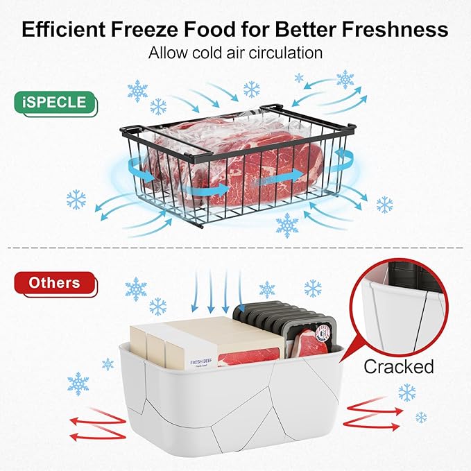 iSPECLE Chest Freezer Organizer - 3 Pack Stackable Deep Freezer Organizer Bins for 5 Cu Ft Freezer Sort Frozen Food, Freezer Organizer Bins Get Food Easily with Handle Add Storage Space, Black