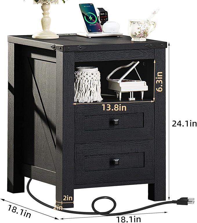Night Stands with Charging Station Set of 2, Farmhouse Nightstand, Wooden Bedside End Tables with 2 Drawers and Open Shelf, Bed Side Table for Bedroom, Living Room, Closet, Office (Black)