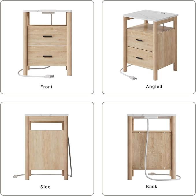 Night Stand Set of 2 with Charging Station, 20" Large Modern Nightstand with Faux Marble Top, 2 Drawers End Table with Solid Round Post Legs&Open Shelf, for Bedroom, Natural Oak
